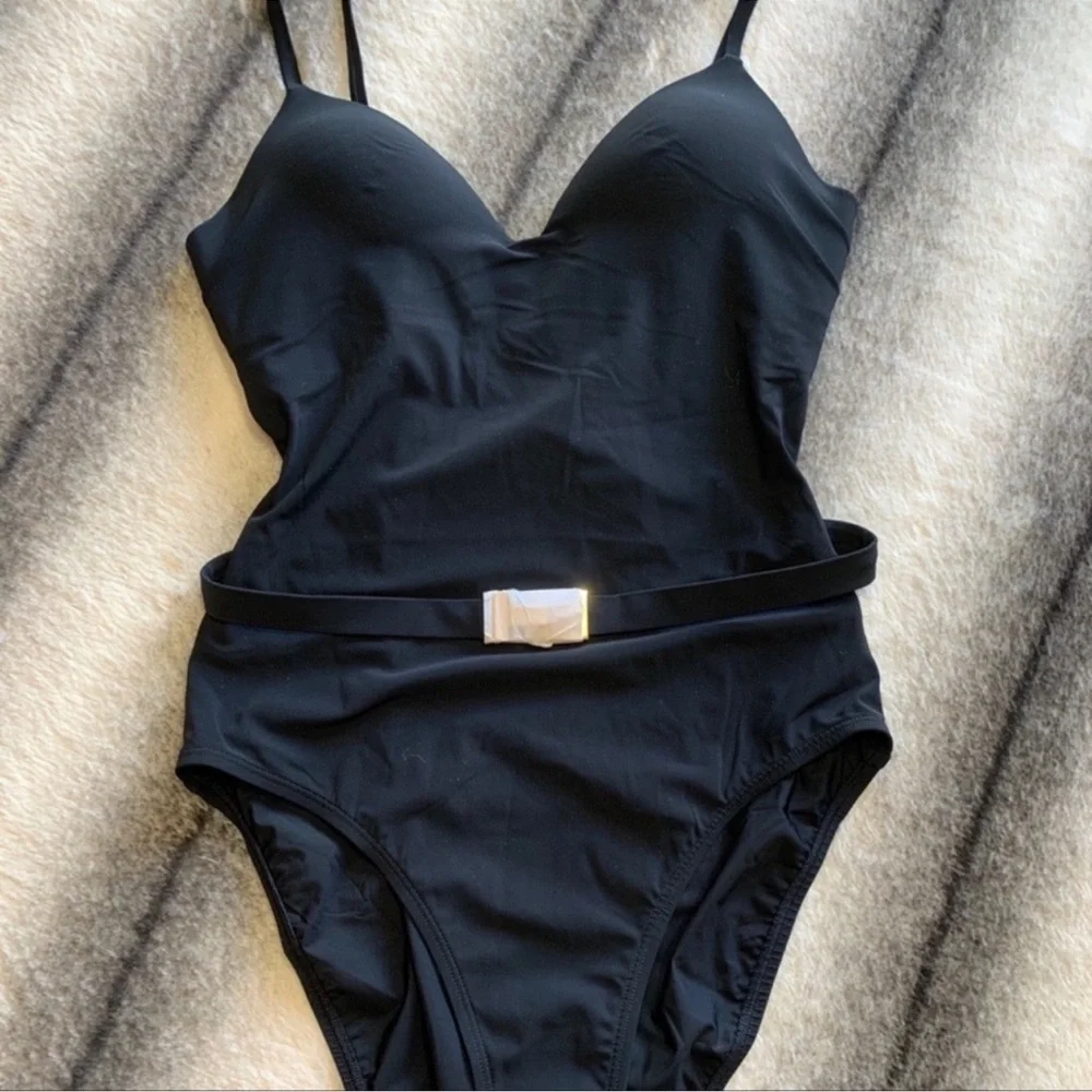 Tory Burch T Belt Gold Logo One Piece Swimsuit Black